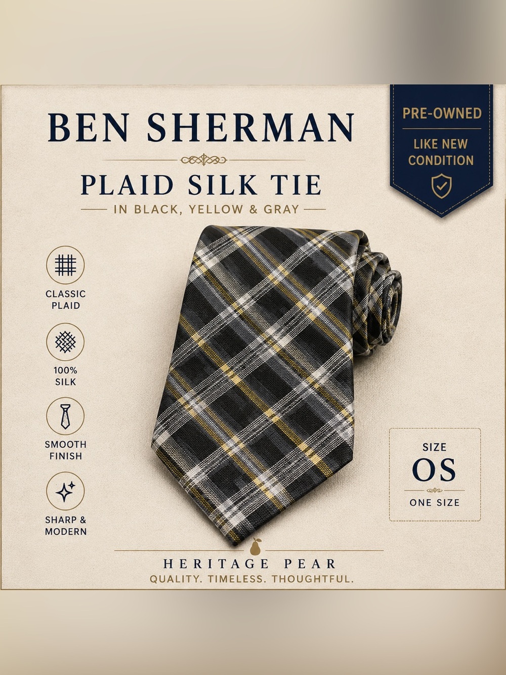 Ben Sherman Black, Yellow & Gray Plaid Silk Tie
